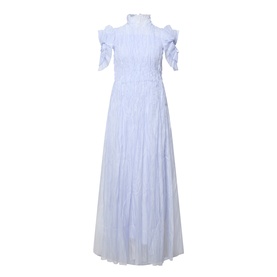 Aje Clara Pintuck Dress in French Blue, maxi length with high neckline, pintuck detailing and puff short sleeves with tassel trim