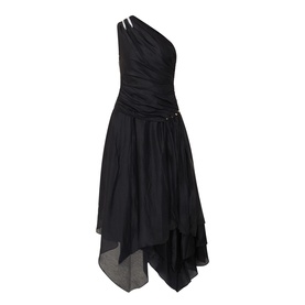 Black one-shoulder midi dress with ruched bodice, crystal embellishment, asymmetric hem, and layered chiffon skirt