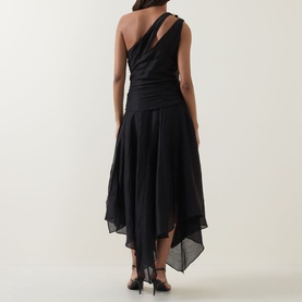 Model wearing a black one-shoulder asymmetric hem midi dress with ruched bodice and floaty chiffon skirt, styled with black heels