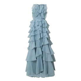 Aje Cleo Ruffle Gown in duck egg blue, sleeveless strapless design with tiered ruffle skirt and pleated bodice