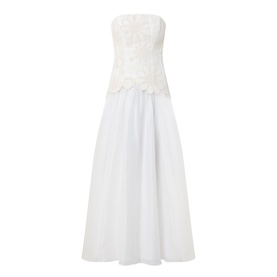 Aje Gia Embroidered Off-The-Shoulder Gown in ivory, strapless lace bodice, full skirt, maxi length, sleeveless