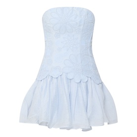 Aje Gia Embroidered Mini Dress in pastel blue, strapless with mandala embroidery, boned bodice, and scallop-edged peplum skirt