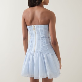 Model wearing Aje Gia Embroidered Mini Dress in pastel blue, showing rear view with metal back zip, boned bodice and flared peplum skirt