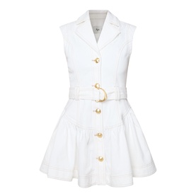 Aje Liliana Denim Mini Dress in ivory with notched lapels, gold sculptural belt buckle, button fastening, and flared hemline