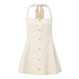 Aje Monroe Halter Mini Dress in butter, halter neck with tassel ties, front gold button fastening, A-line silhouette, mini length