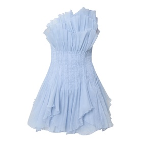 Aje Nisha Off-The-Shoulder Mini Dress in Cloud Blue with ruffle detailing, shirred waistline, and asymmetric hem