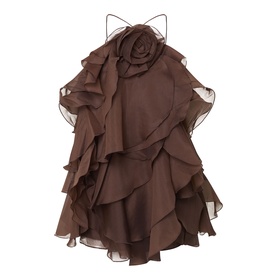 Aje Pandorea Ruffle Mini Dress in Carob, halter neck with 3D rose detail, layered ruffles, voluminous mini silhouette
