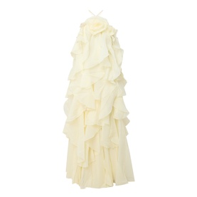 Aje Pandorea Ruffle Dress in butter, halterneck maxi with layered ruffles, floral detail at neckline, voluminous silhouette