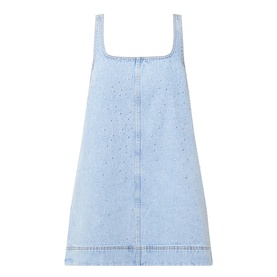 Aje Lucina Studded Denim Mini Dress in light wash blue, square neck, sleeveless silhouette with allover stud detail and twin needle stitching