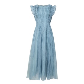 Aje Mathilde Dress in Duck Egg, midi-length tulle with ruffle shoulders, pintuck detail, and body-skimming silhouette