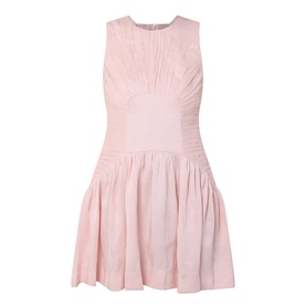 Aje Medea Pleated Mini Dress in Tea Blossom, sleeveless with pleated bodice, ruffled drop-waist skirt, back zip, linen-viscose blend