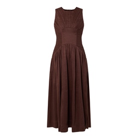 Aje Dark Chocolate linen-viscose midi dress with ruched bust, sleeveless design, and full pleated skirt