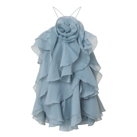 Aje Pandorea Ruffled Mini Dress in Duck Egg, sleeveless halterneck with layered ruffle skirt and 3D rosette neckline detail