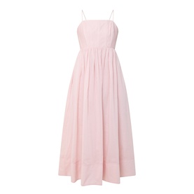 Aje Rosie Dress in Tea Blossom, spaghetti straps, straight neckline, panelled bodice with topstitching, full gathered midi skirt, cotton-silk blend