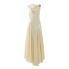 Aje Siren Ruffled Dress in butter, sleeveless midi gown with asymmetric hemline, draped neckline and gold-toned hardware detail