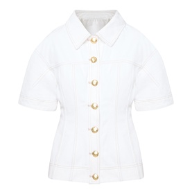Aje Liliana Denim Shirt in ivory, pointed collar, short sleeves, gold-tone buttons, fitted waist, flared hemline, shaping seams
