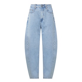Aje Lucina High-Rise Stud Barrel Jeans in light wash blue, barrel-leg silhouette, five-pocket style with tobacco stitching and stud embellishment