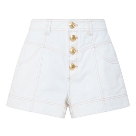 Aje ivory cotton shorts with gold-tone buttons, contrast topstitching, and patch pockets