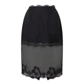Aje Ophelia Lace-Trim Skirt in black silk with sheer lace hem panel, midi length, bias-cut silhouette