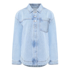 Aje Lucina Denim Shirt in light wash blue cotton with stud detail, patch pocket, snap-cuff sleeves and curved hem