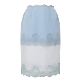 Aje Ophelia Lace-Trim Layered Skirt in duck egg blue, featuring semi-sheer overlay and scalloped lace-trim hem detailing.