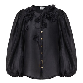 Aje Demi Blouse in black with floral appliqu&eacute; neckline, blouson sleeves, gold button front, and semi-sheer finish