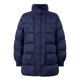 HIGH dark blue quilted down puffer coat with funnel neck, front patch pockets, and snap-button placket