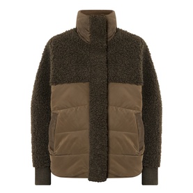 HIGH olive mixed-texture coat with teddy fleece upper, quilted lower body, front pockets, and ribbed cuffs