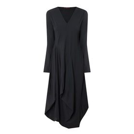 HIGH black long-sleeve midi dress with V-neckline, draped asymmetric hem, in polyamide-elastane fabric