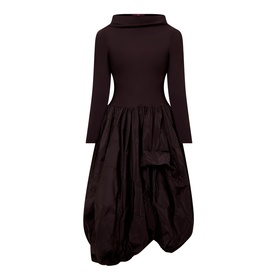 HIGH brown dress with fitted rollneck top, long sleeves, and voluminous gathered taffeta balloon skirt, two-tone fabric contrast