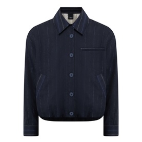HIGH navy pinstripe jacket with button front, chest pocket, and contrast topstitching detail