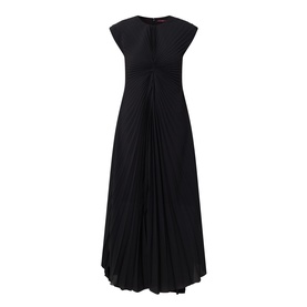 HIGH black pleated midi dress with V-neckline, gathered waist detail, cap sleeves and full skirt, 100% polyester