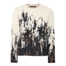 HIGH multi-coloured abstract print knit jumper in cream, black and brown, crew neck, long sleeves, fluffy textured finish