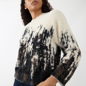 Model wearing HIGH multi-coloured abstract brushstroke fluffy knit jumper with crew neck and three-quarter sleeves, styled with dark jeans
