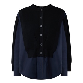 HIGH black wool shirt with navy cotton lining, collarless button-front design, contrast panelling and long sleeves