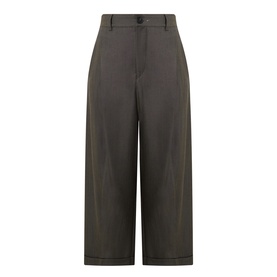 HIGH khaki wide-leg cropped trousers in virgin wool and lyocell blend, featuring high waist, front pleats and side pockets