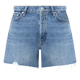 Rag & Bone flora denim shorts in mid-blue wash with high waist, five-pocket styling and raw frayed hem