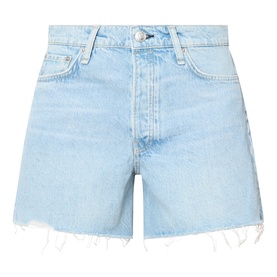 Rag & Bone denim shorts in light blue wash with high waist, five-pocket styling, and raw-hem frayed cutoff hem. 100% cotton.