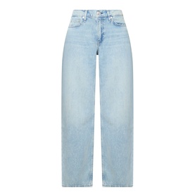 Rag & Bone straight-leg jeans in light blue denim, high-rise waist, wide leg, five-pocket styling, clean front finish