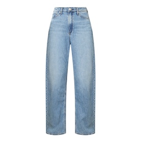 Rag & Bone Wide Leg jeans in lyon blue, high-rise waist, relaxed straight fit, five-pocket styling, contrast stitching detail