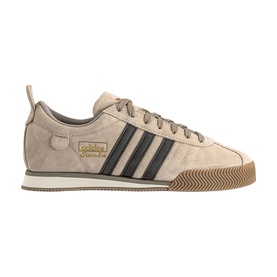 Adidas trainer in Crystal Linen, dark brown three-stripe detail, suede upper, gum sole, lace-up fastening