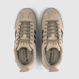 Adidas trainers in crystal linen and dark brown suede, overhead view showing tonal laces, three-stripe detailing and white cupsole.