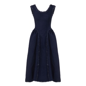 Self-Portrait Boucl&eacute; Flared Dress in navy, sleeveless midi with scoop neckline, frayed trims, glittering embellishment and pleated hips