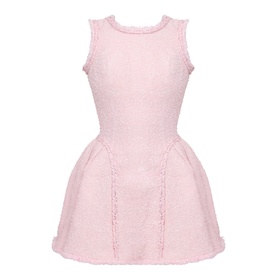 Self-Portrait pink boucle mini dress with round neck, sleeveless design, fitted bodice and flared skirt with decorative trim detail