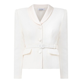 Self-Portrait cream structured jacket with satin lapels, front button fastening, belted waist, and flap pockets