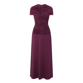 Self-Portrait burgundy midi dress with ruched short-sleeve bodice and flared A-line skirt, rear view