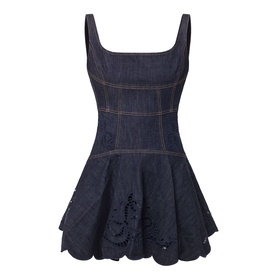 Self-Portrait blue denim mini dress with square neckline, fitted bodice, flared skirt, and floral broderie anglaise hem detail