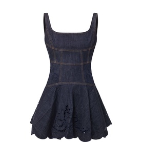 Bow Embroidered Mini Denim Dress