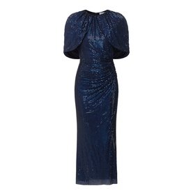 Self-Portrait navy blue sequin midi dress with puff sleeves, draped bodice, and starburst embellishment detail