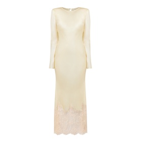 Self-Portrait yellow viscose maxi dress with long sleeves, boat neckline, fitted silhouette and lace hem detail